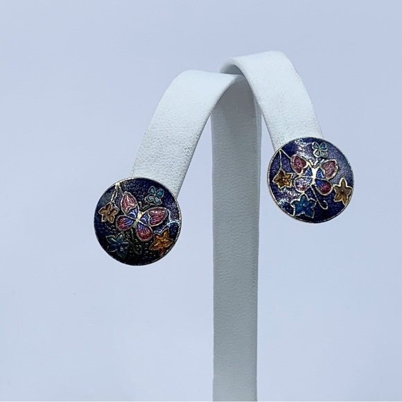 Vintage champleve enamel butterfly clip on earrings - Picture 7 of 9